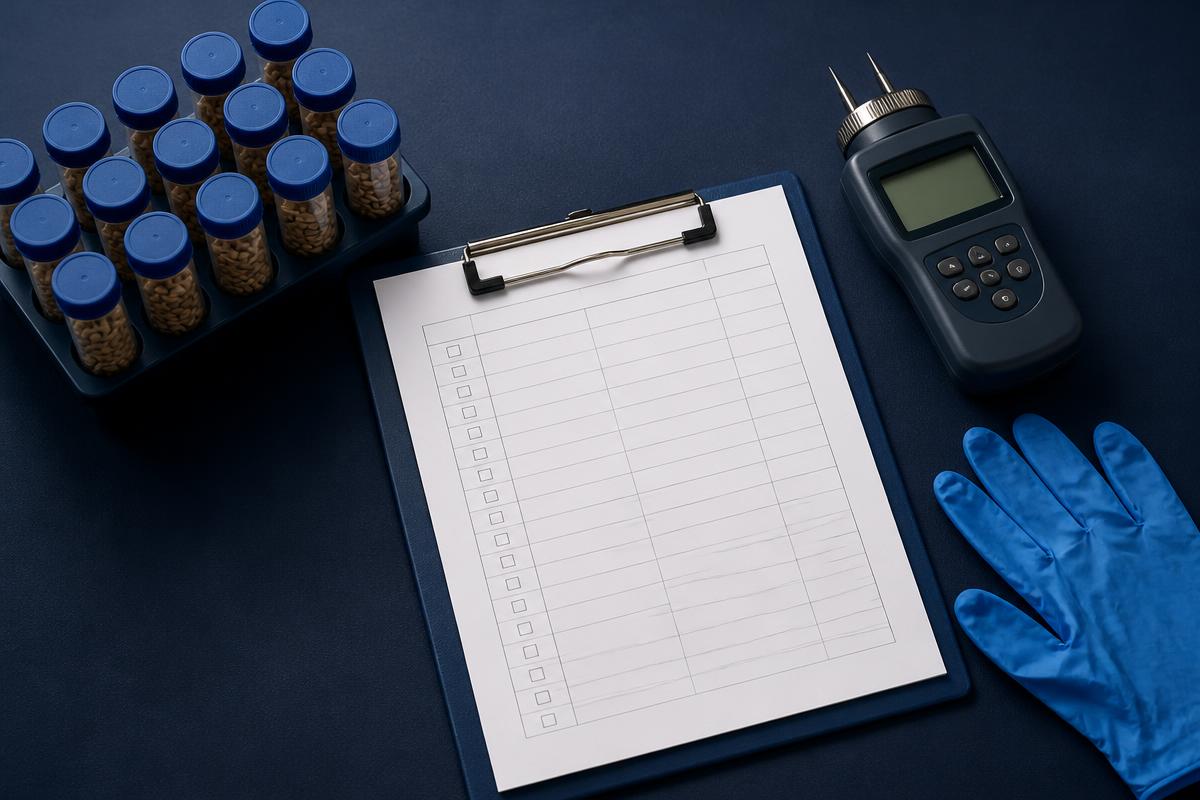 Inspection report, sampling pump and hand tools arranged on a work surface.